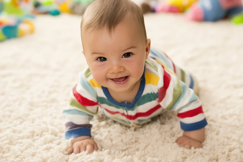 Smiling baby crawling on soft cream carpet in striped onesie