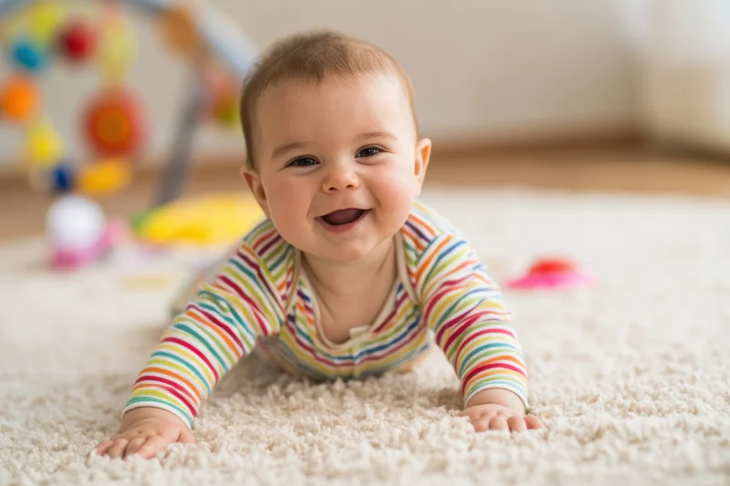 Smiling baby crawling on soft cream carpet in play area
