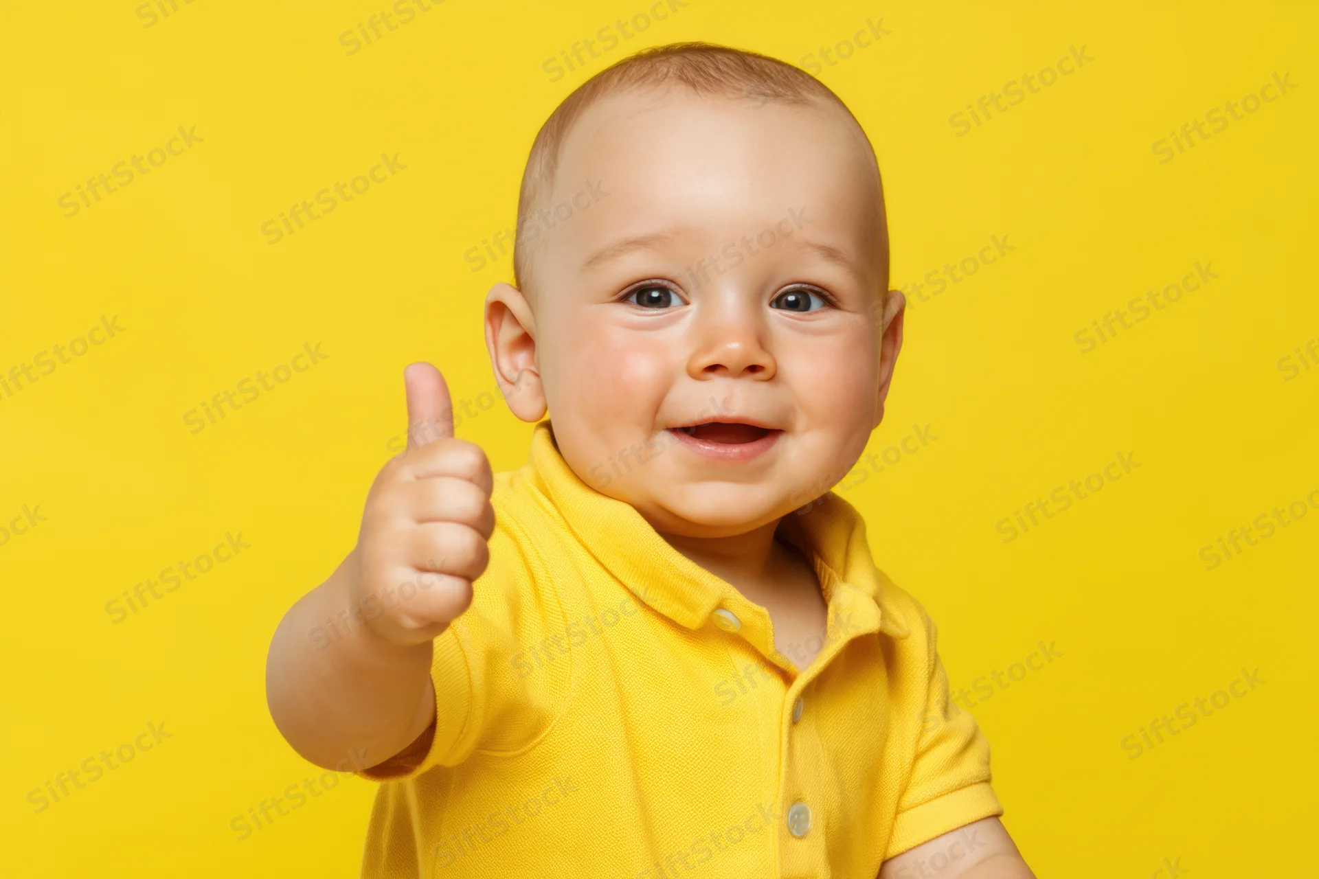 Smiling baby in yellow polo shirt giving thumbs-up against yellow background