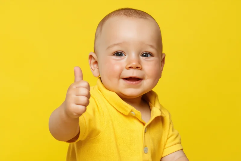 Smiling baby in yellow polo shirt giving thumbs-up against yellow background