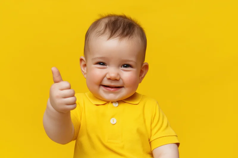 Smiling baby in yellow polo shirt giving thumbs-up against yellow background