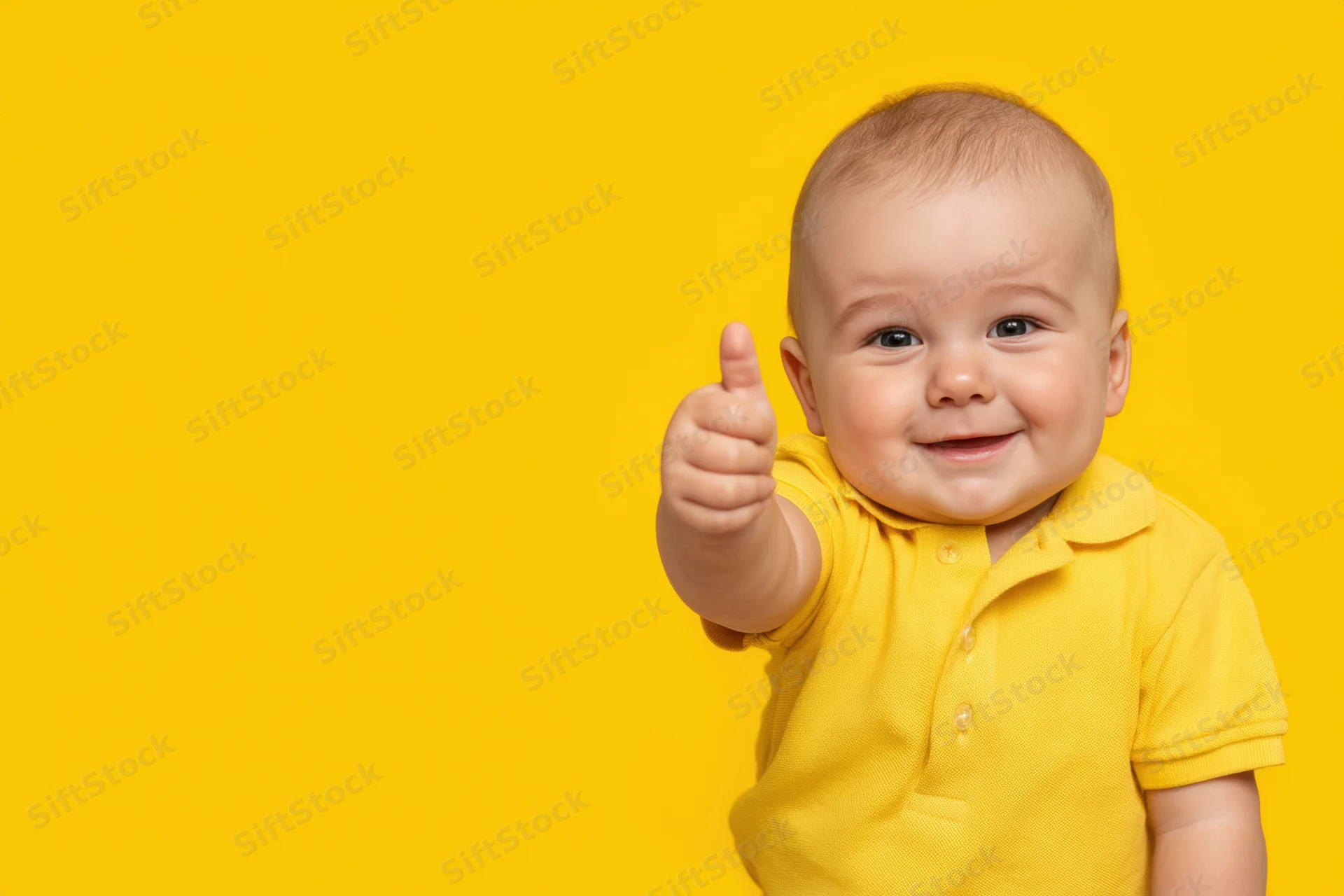 Smiling baby in yellow polo shirt giving thumbs-up against yellow background