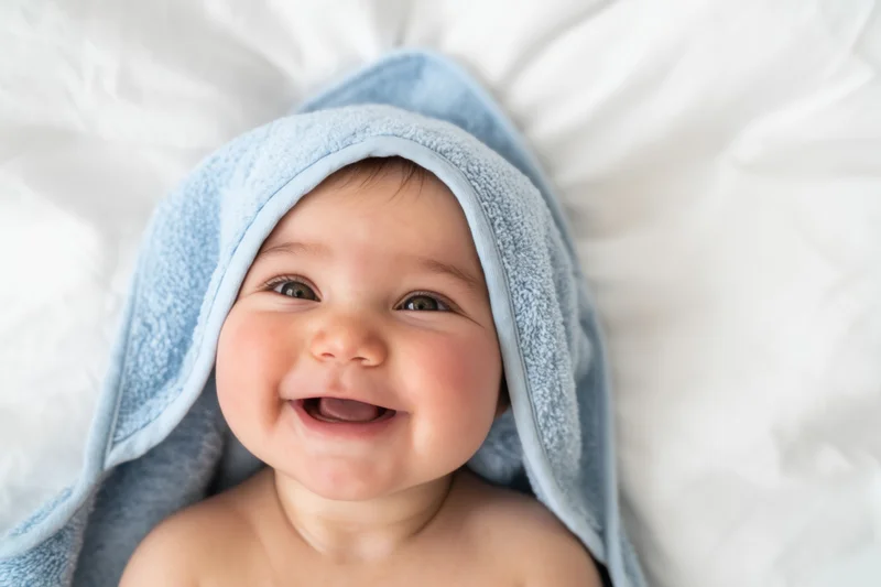 Smiling baby wrapped in blue hooded towel lying on white bed