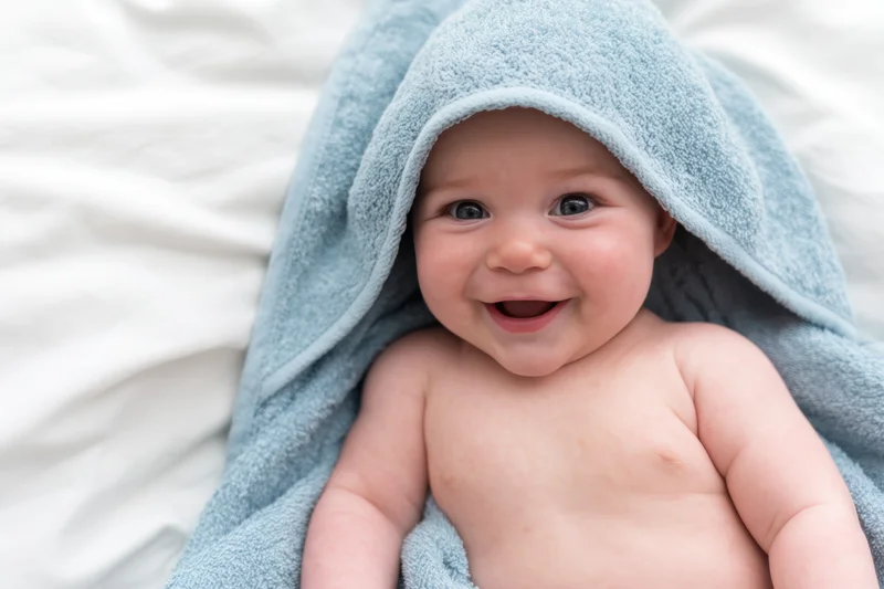 Smiling baby wrapped in blue hooded towel lying on white bed