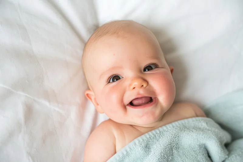 Smiling baby lying on white bed wrapped in pale blue towel