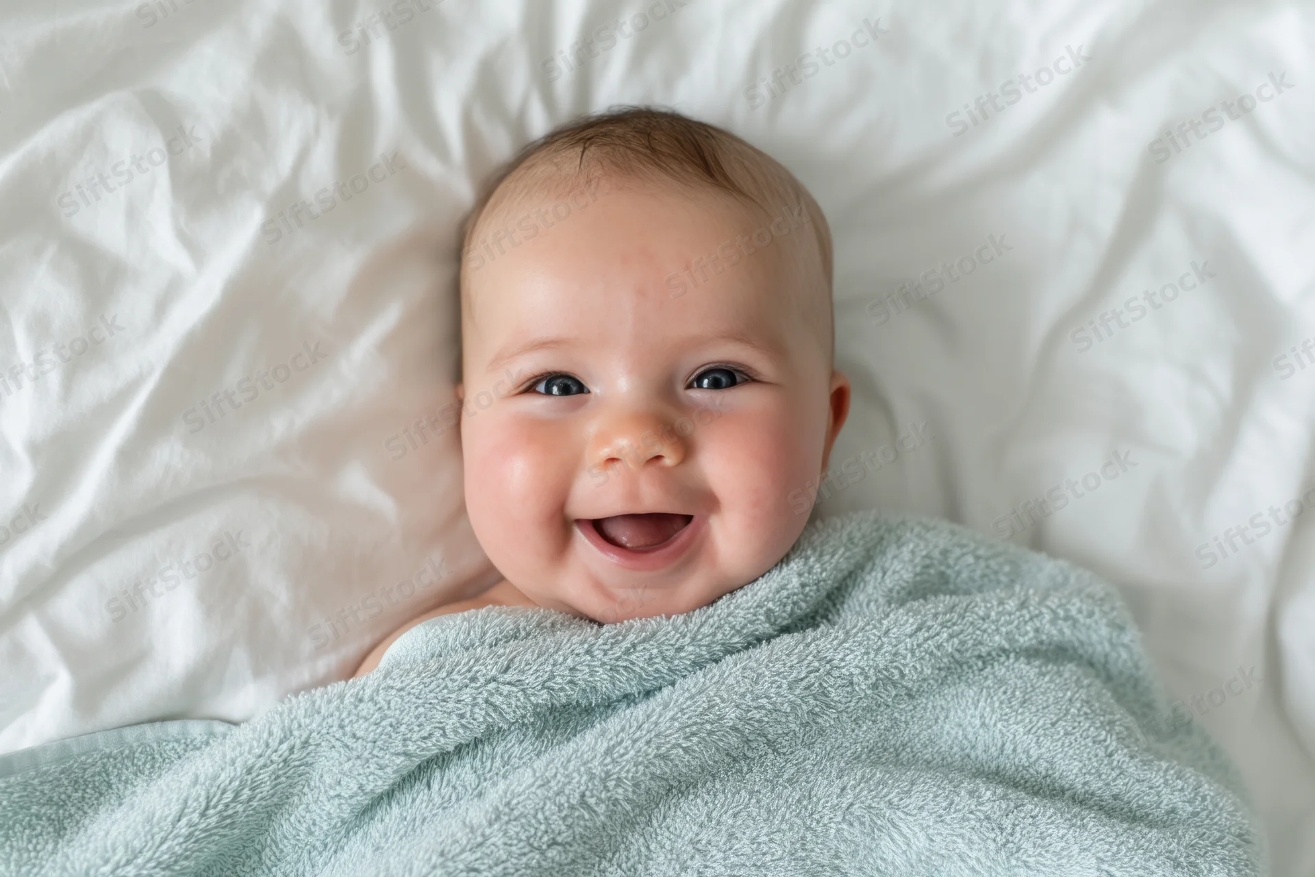 Smiling baby wrapped in pale blue towel lying on white bed