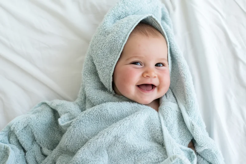 Smiling baby wrapped in a pale blue hooded towel lying on a white bed