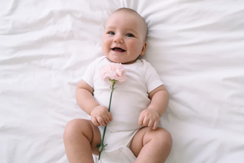 Smiling baby lying on white sheet holding pink carnation flower