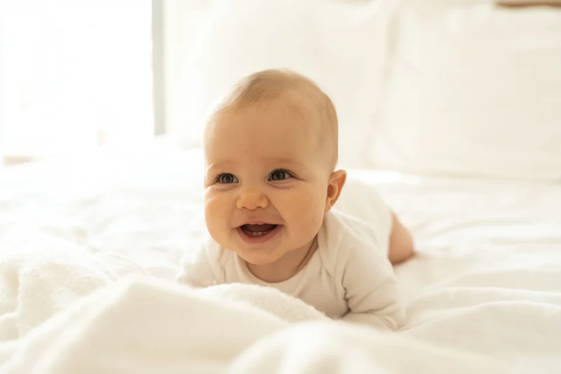 Smiling baby on tummy in white onesie on bright bed