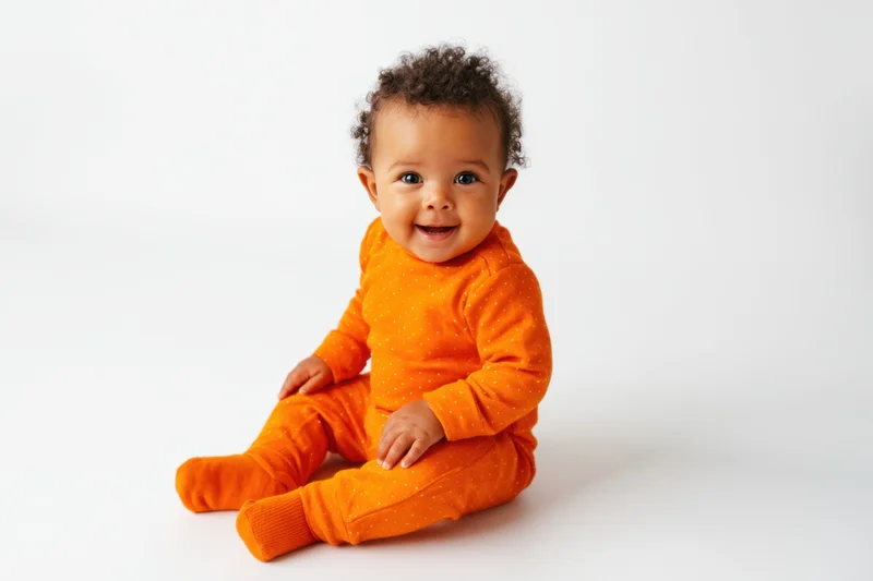 Smiling baby sitting on white studio floor wearing orange onesie