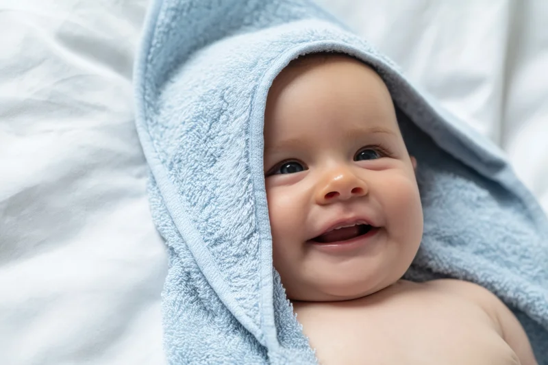 Smiling baby with pale blue hooded towel draped over head on white background
