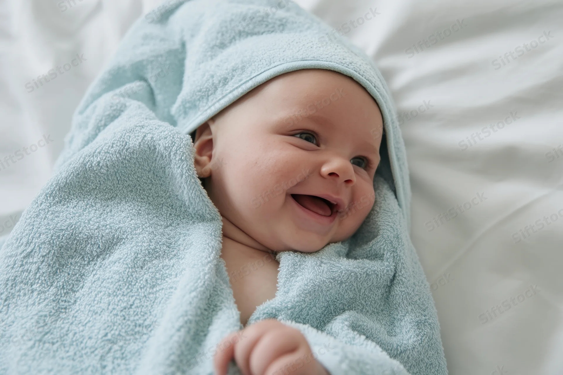 Smiling baby wrapped in a pale blue hooded towel lying on white bedding