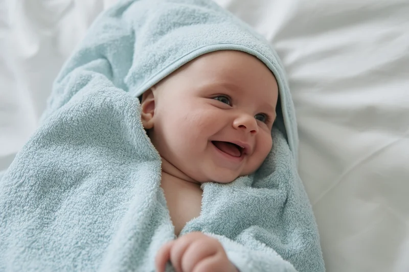Smiling baby wrapped in a pale blue hooded towel lying on white bedding