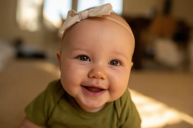 Smiling baby wearing olive green shirt and beige bow headband indoors