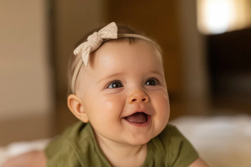 Smiling baby wearing olive green shirt and beige bow headband indoors