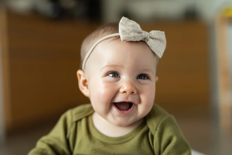 Smiling baby wearing olive green shirt and beige bow headband indoors
