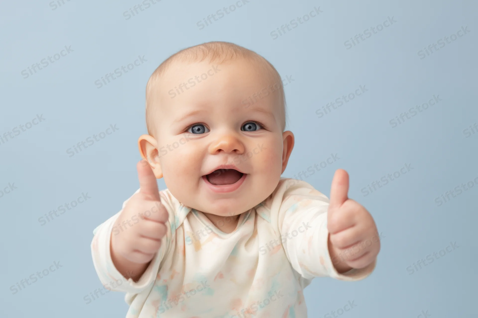 Smiling baby with blue eyes giving two thumbs up against light blue background