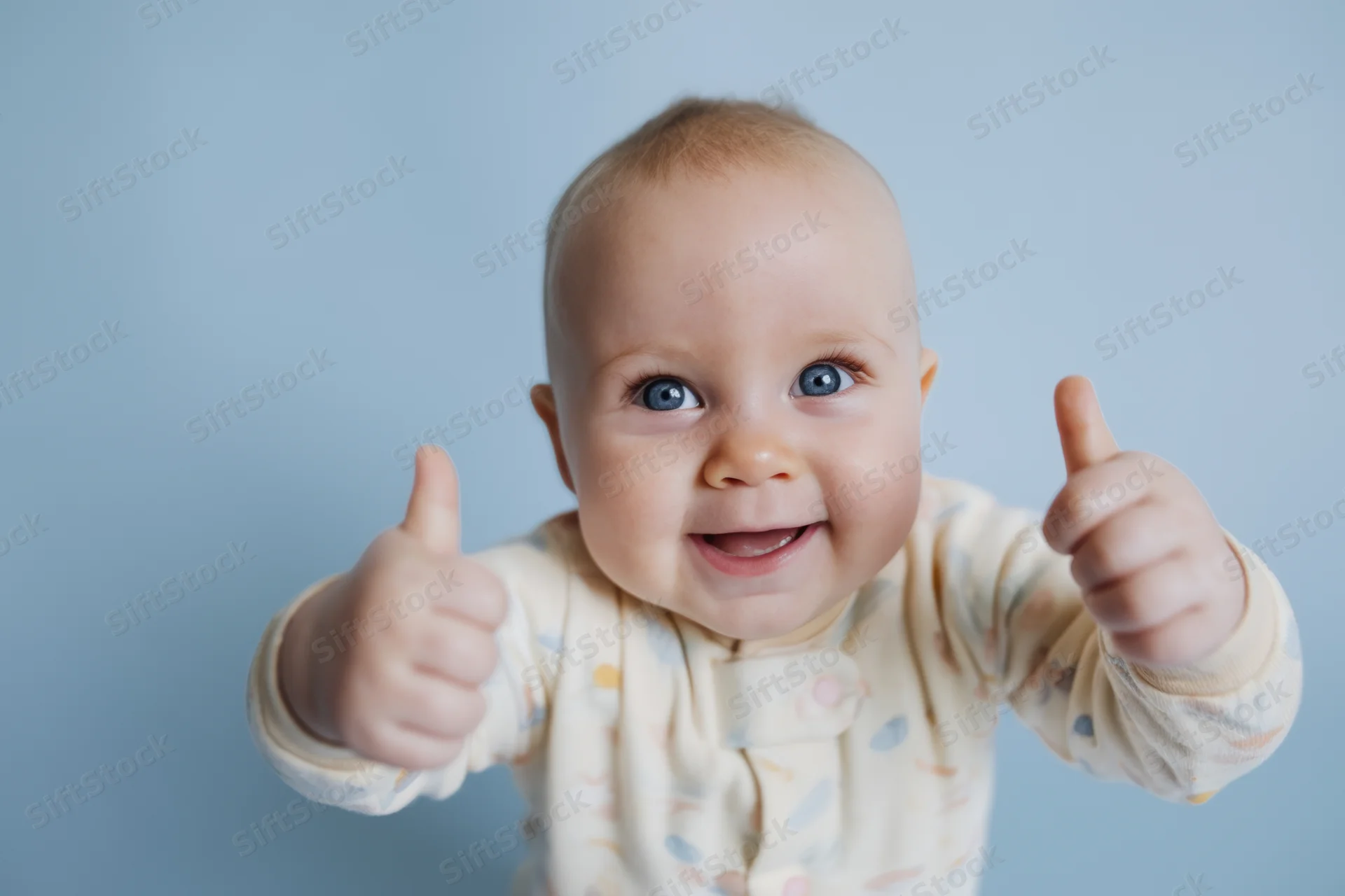 Smiling baby with blue eyes giving two thumbs up in a studio setting