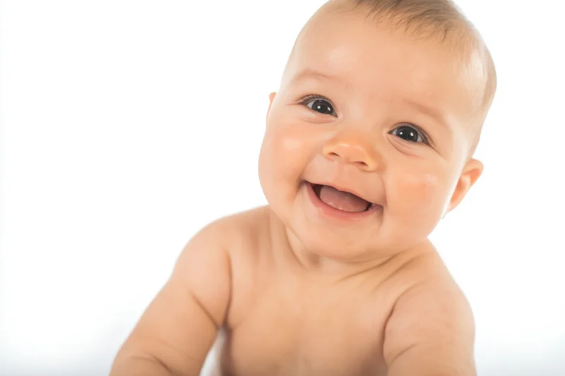 Smiling baby with chubby cheeks and wide eyes on white background