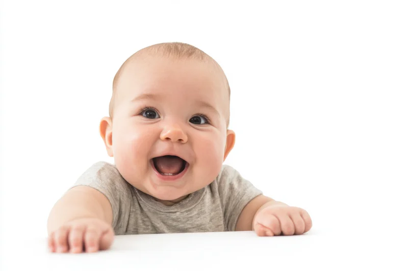 Smiling baby with chubby cheeks and wide eyes reaching forward on white surface