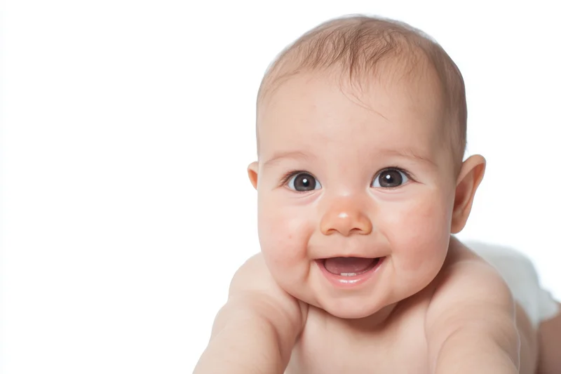 Smiling baby with chubby cheeks and wide eyes reaching forward on white background