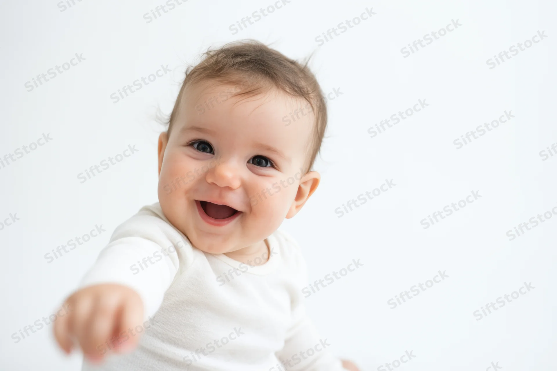 Smiling baby with chubby cheeks reaching toward camera in white studio setting