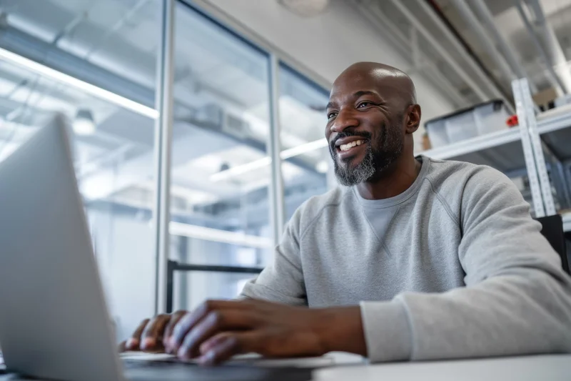 Smiling bald man in gray sweatshirt typing on laptop in modern office workspace