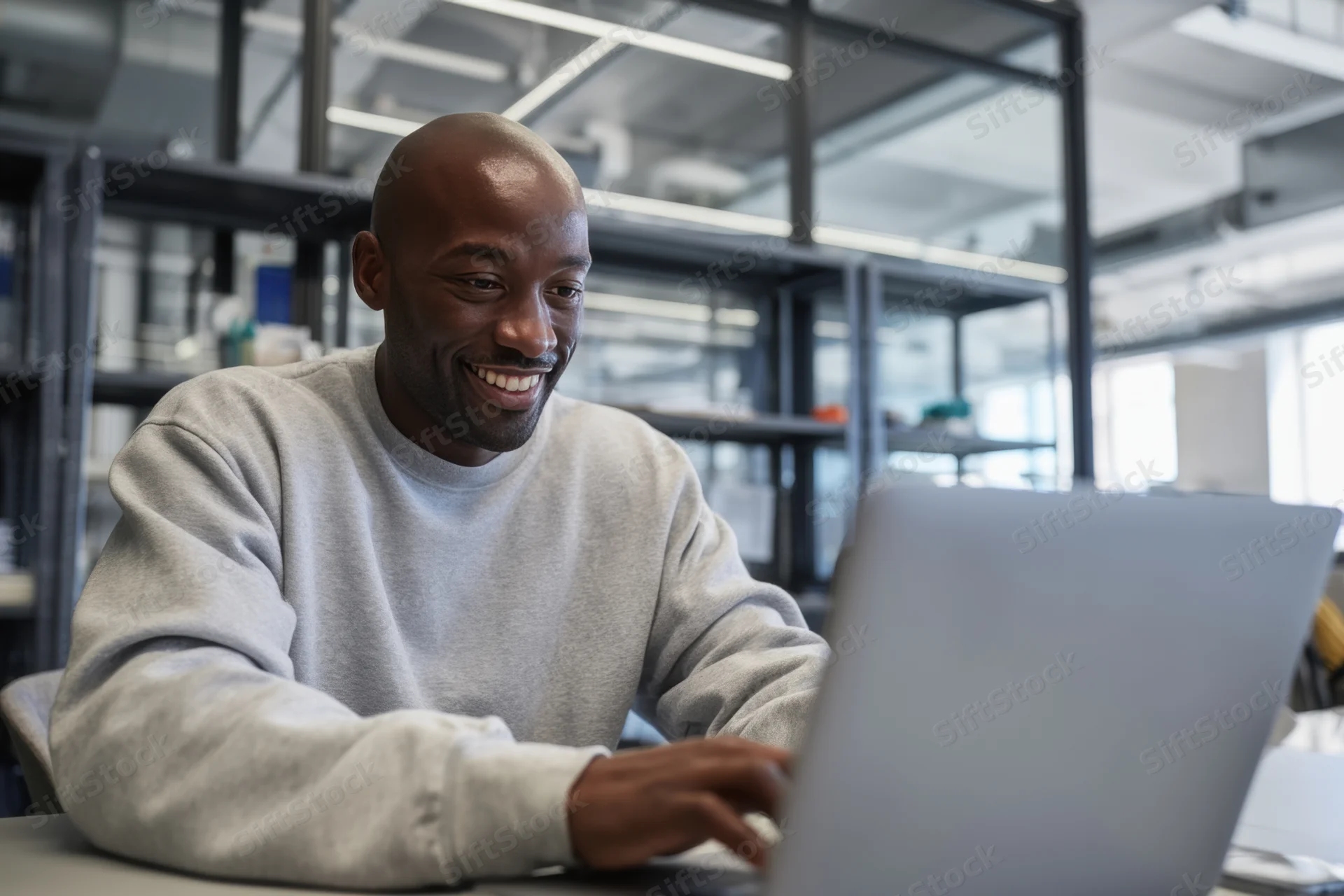 Smiling bald man in gray sweatshirt typing on laptop in modern office workspace