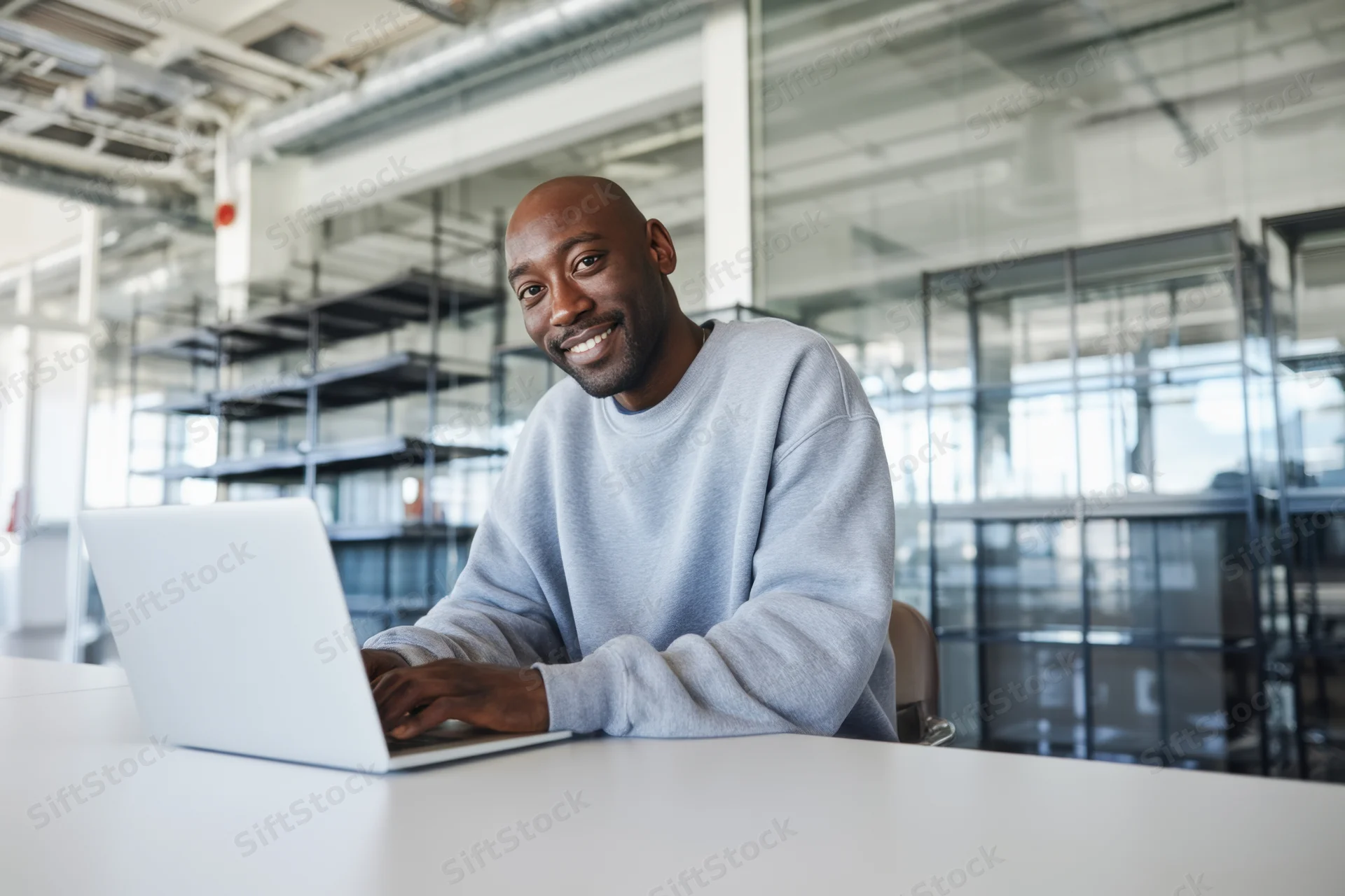 Bald man in gray sweatshirt typing on laptop at office desk smiling