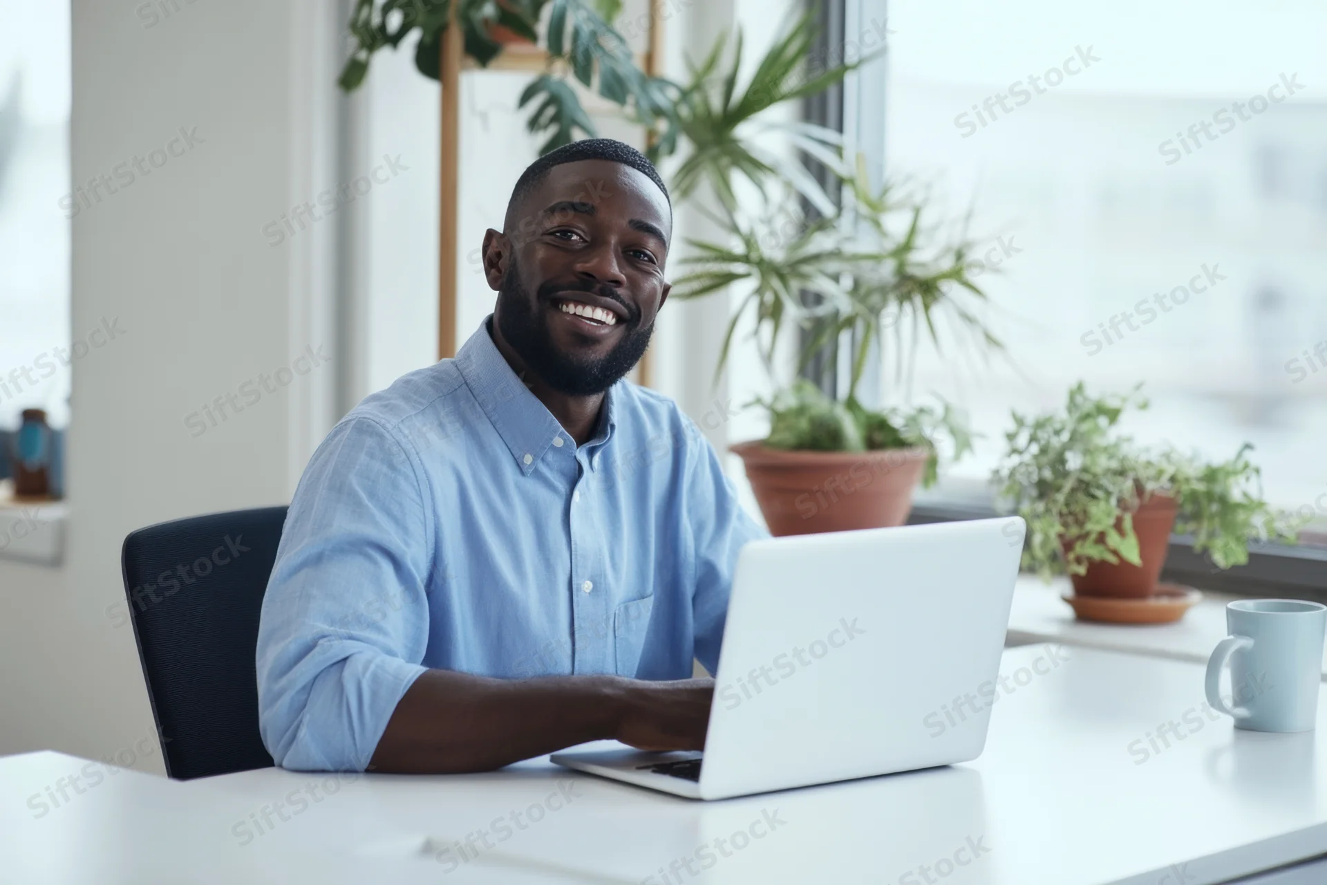 Smiling man in light blue shirt working on laptop at office desk with plants nearby