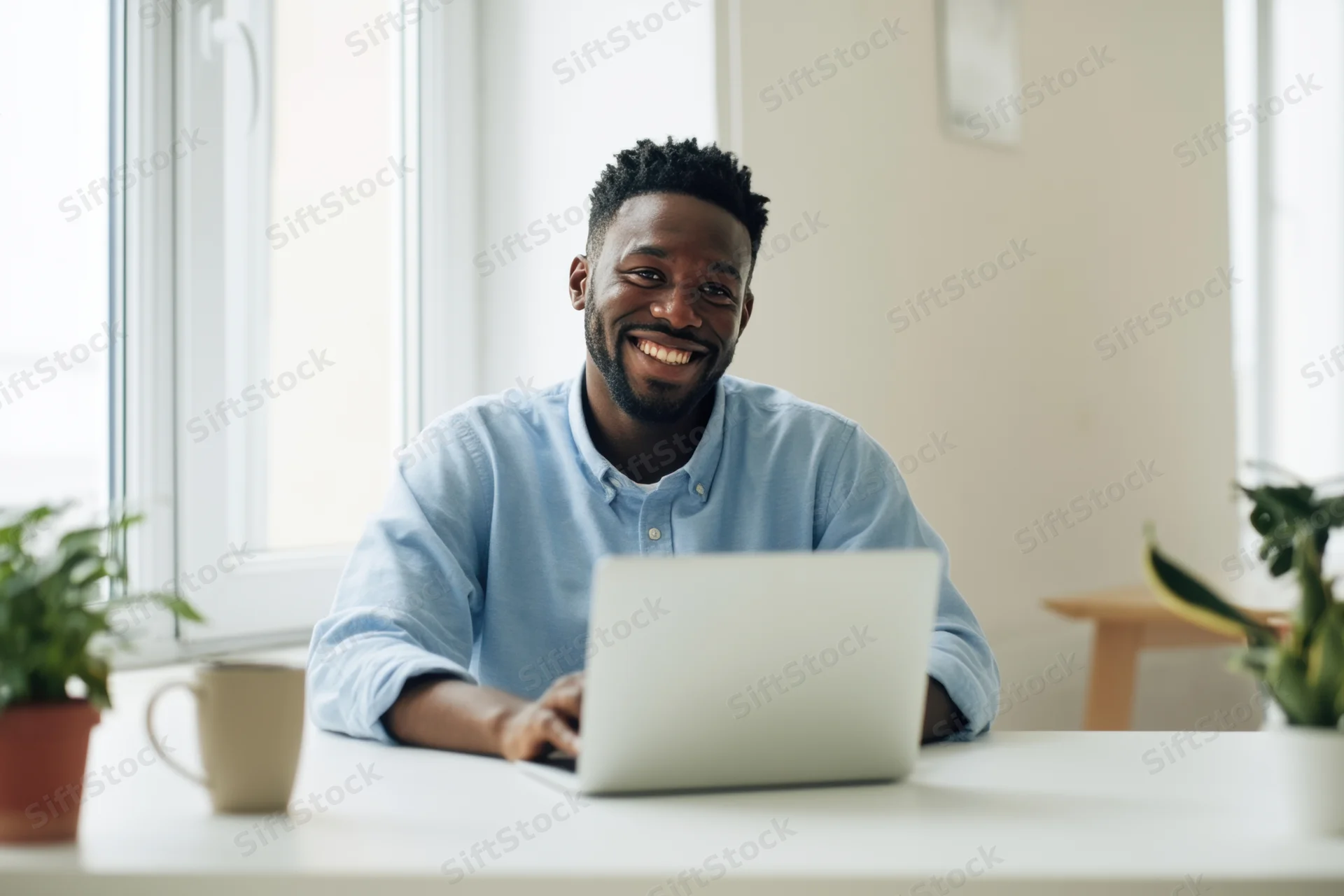 Smiling man working on laptop at clean desk in bright office space