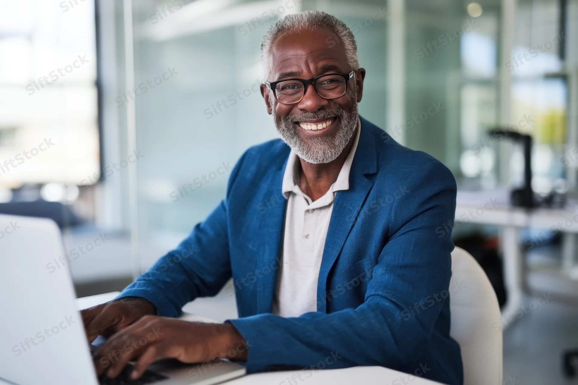 Smiling man in blue suit typing on laptop at office desk