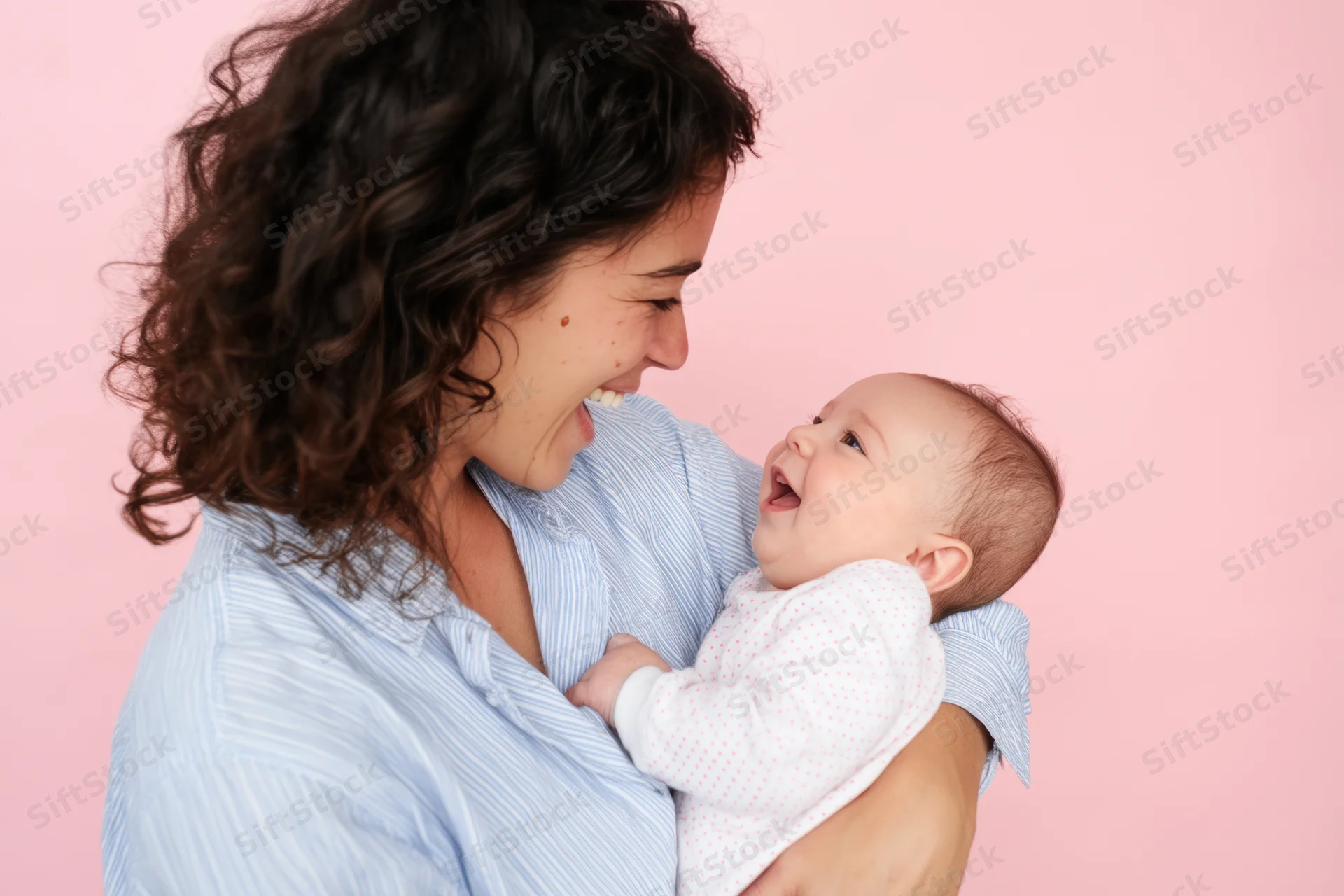 Mother laughing while cradling a smiling baby in her arms against a pink background