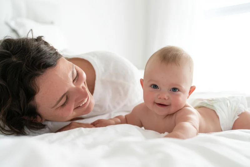 Mother smiling beside baby lying on white bed in bedroom