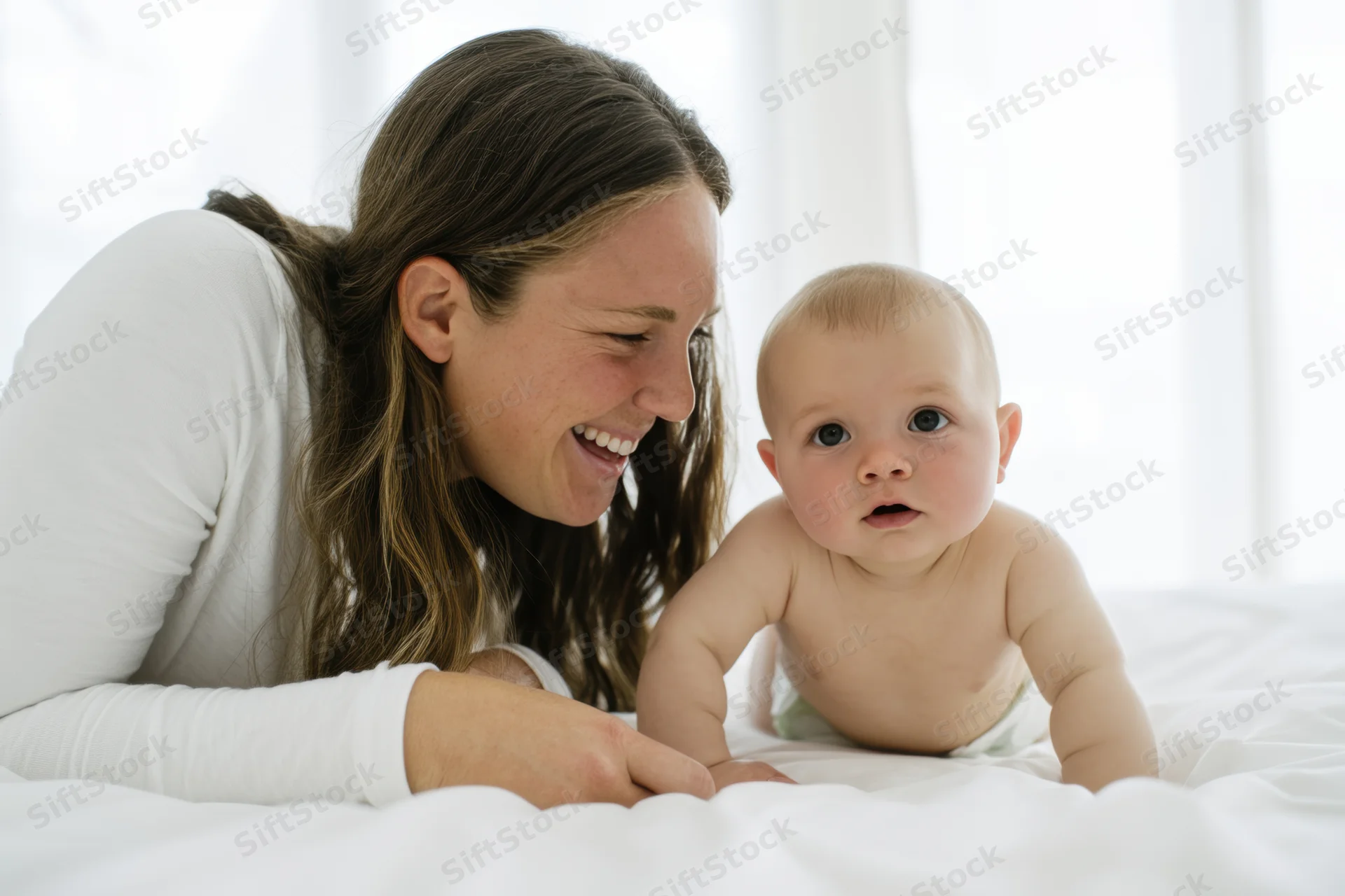 Mother laughing beside baby lying on white bed