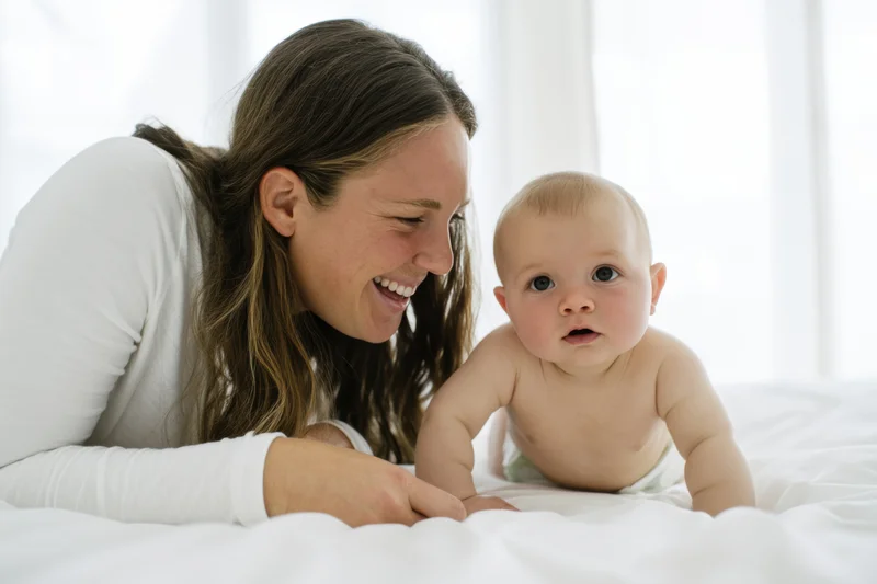 Mother laughing beside baby lying on white bed