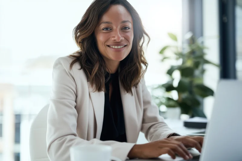 Smiling professional woman typing on laptop at office desk