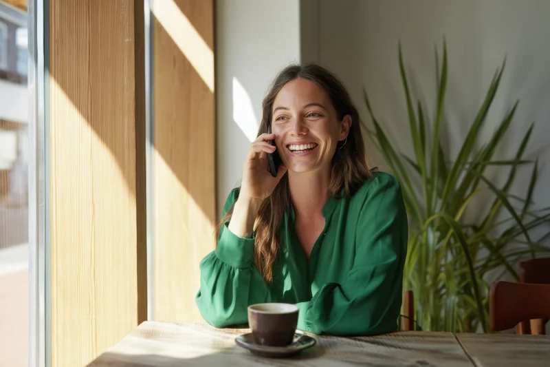Smiling woman talking on phone while sitting by window with coffee cup on table