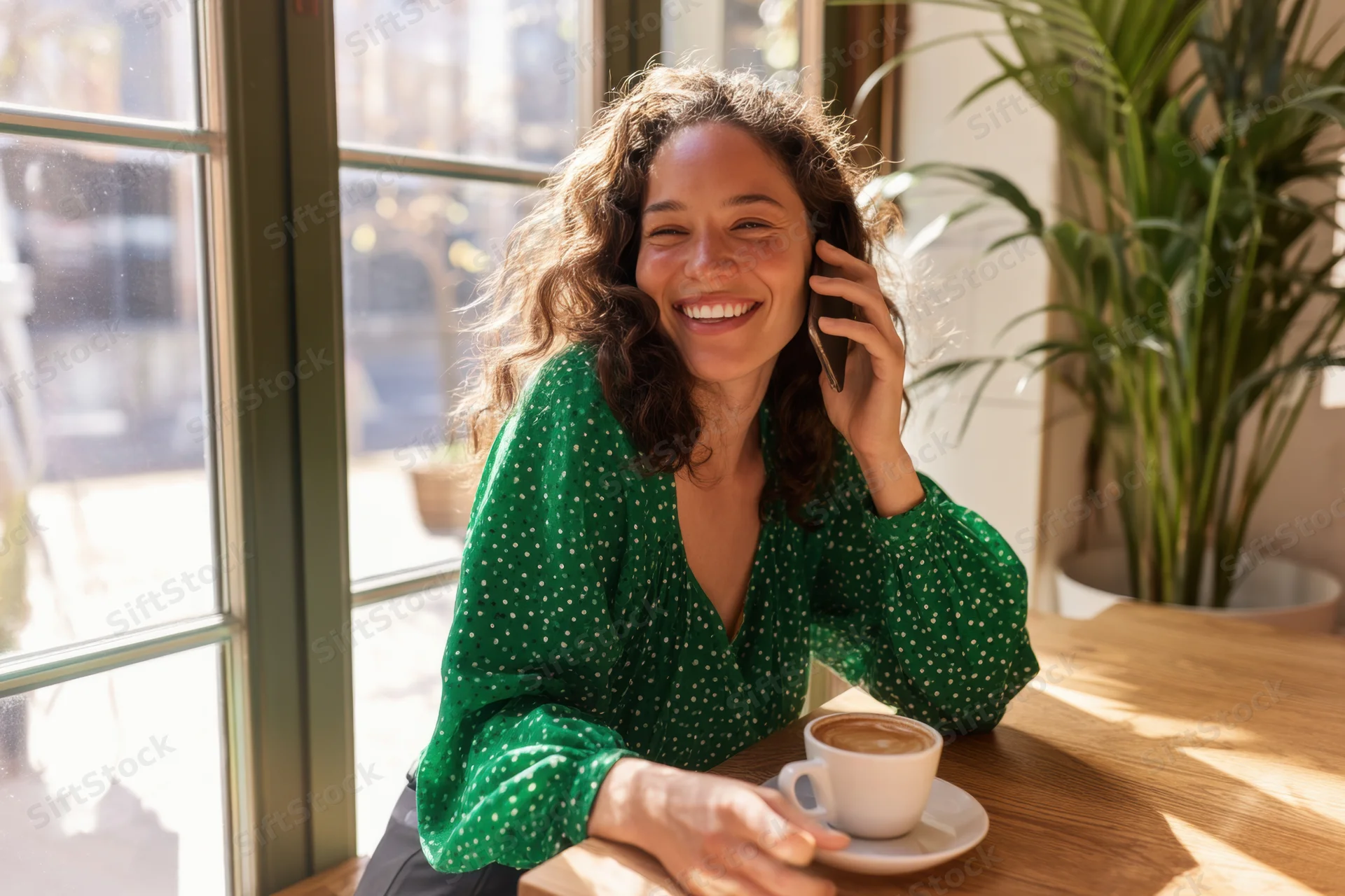 Smiling woman talking on phone with coffee at cafe table near window
