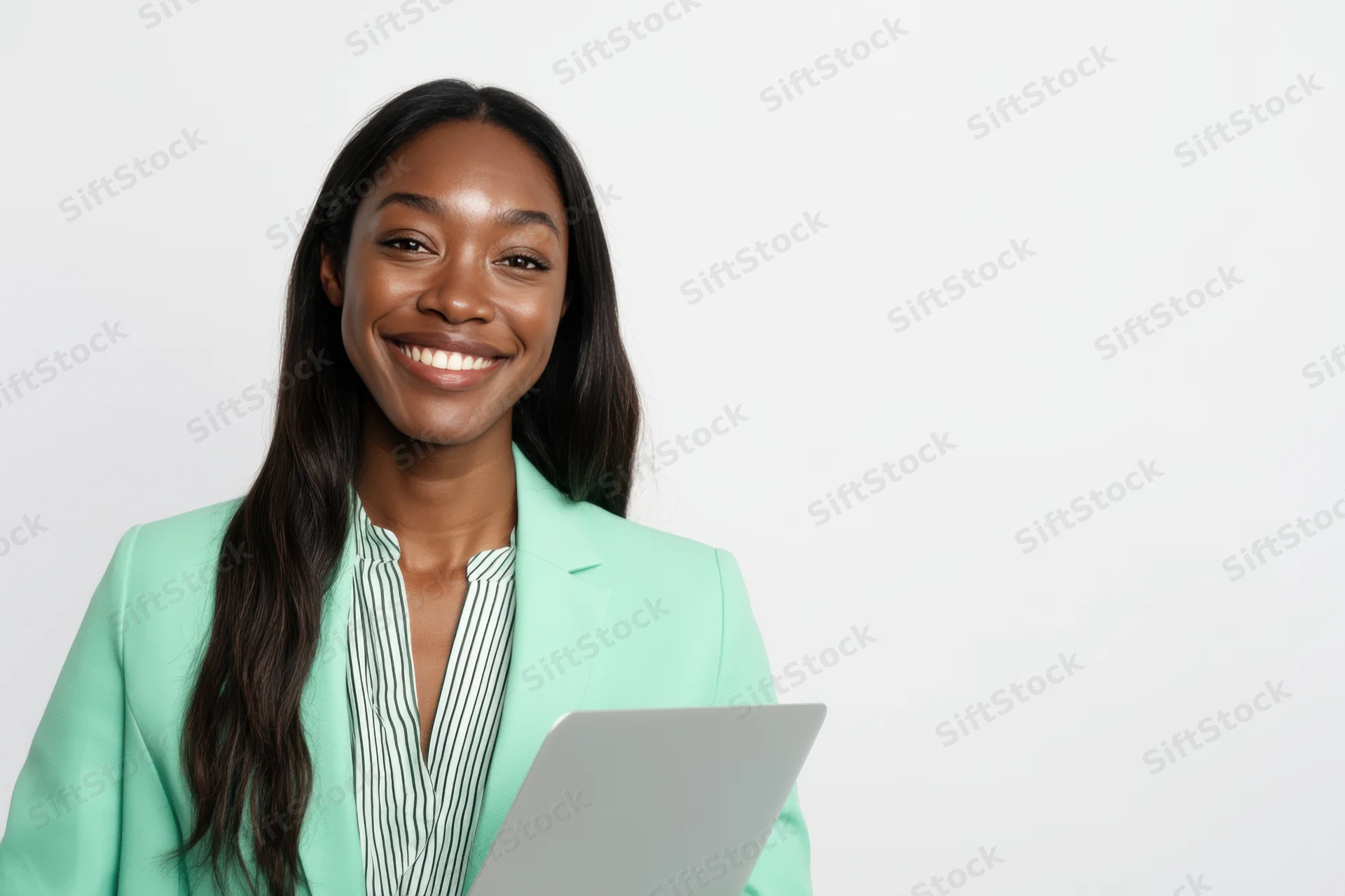 Smiling young woman in mint green blazer holding laptop against white background