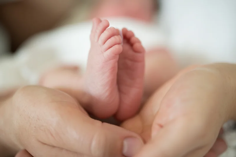 Newborn baby feet cradled in adult hands close up
