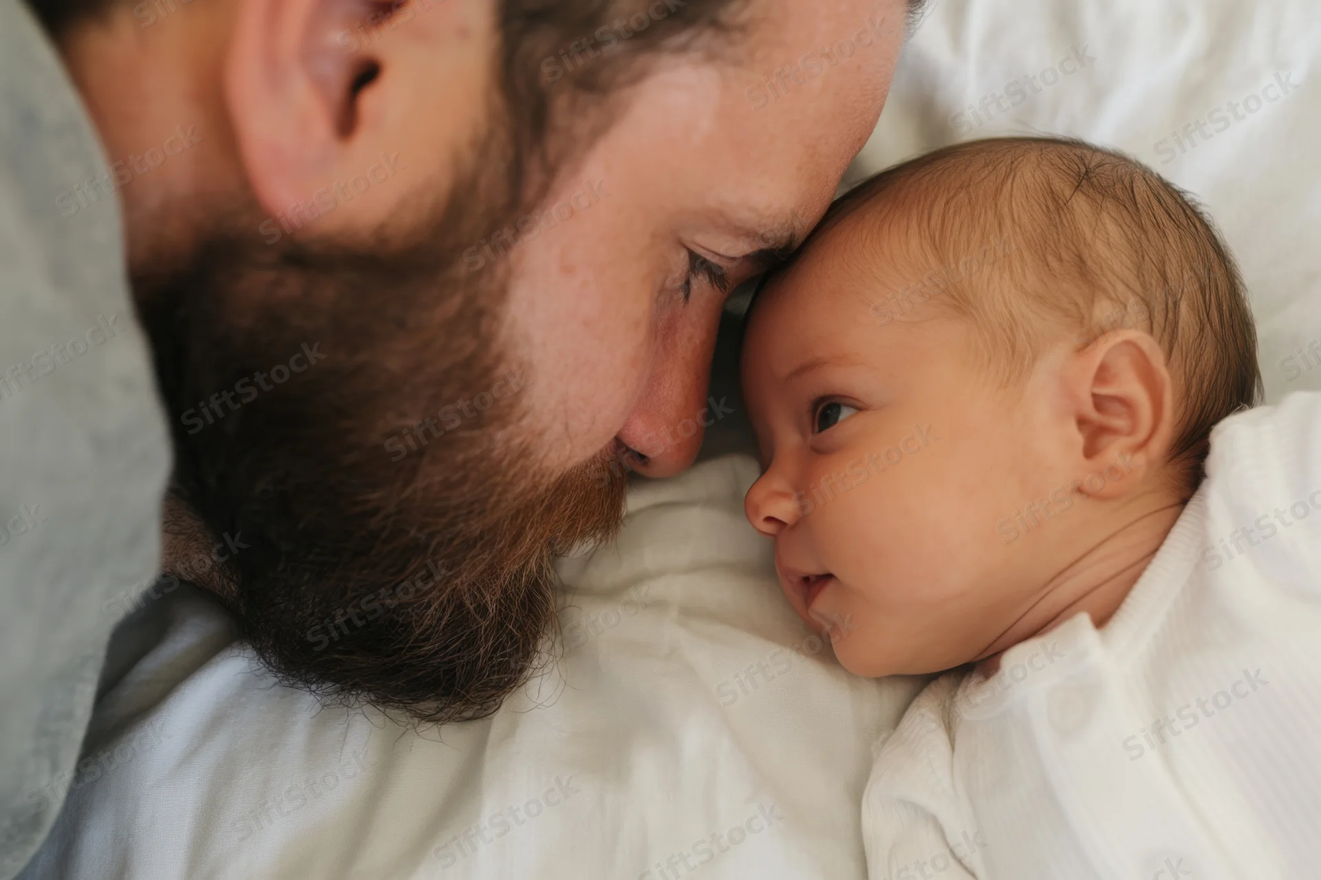 Bearded man resting forehead against newborn baby lying on white bedding