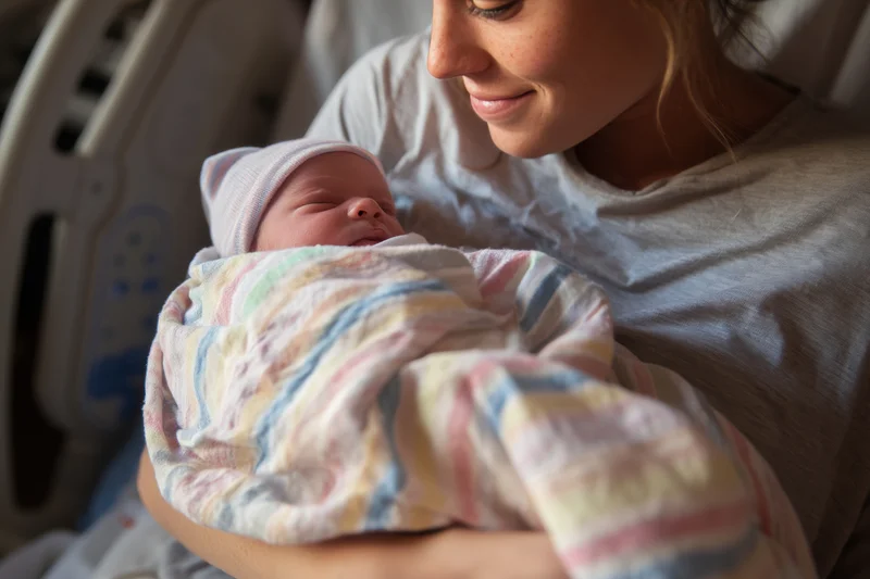 Mother holding newborn baby wrapped in striped blanket in hospital bed