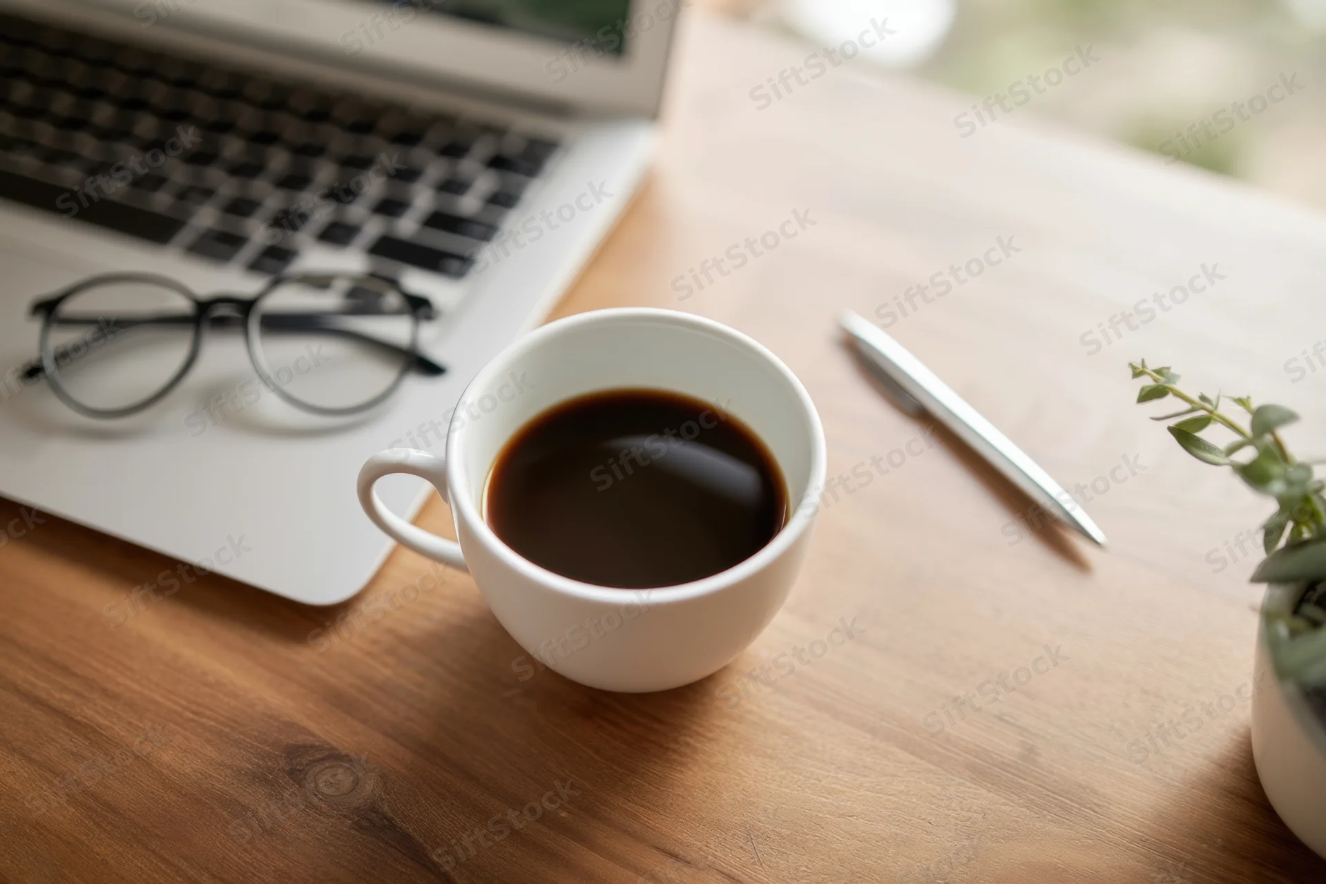 Coffee cup on wooden desk beside silver laptop with glasses and pen, small plant nearby