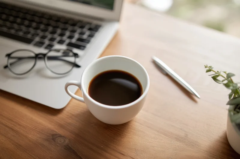 Coffee cup on wooden desk beside silver laptop with glasses and pen, small plant nearby