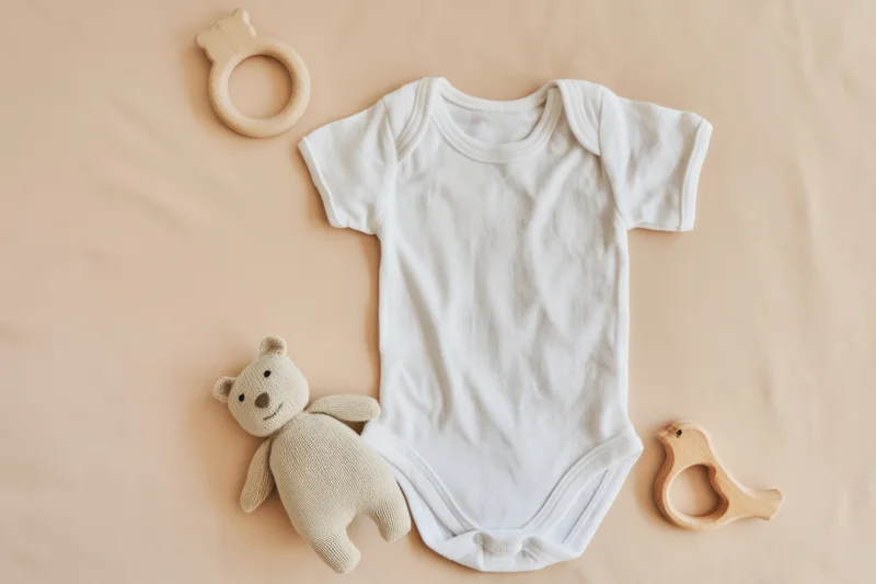 White baby onesie laid flat on beige surface with wooden teether and knitted bear toy nearby