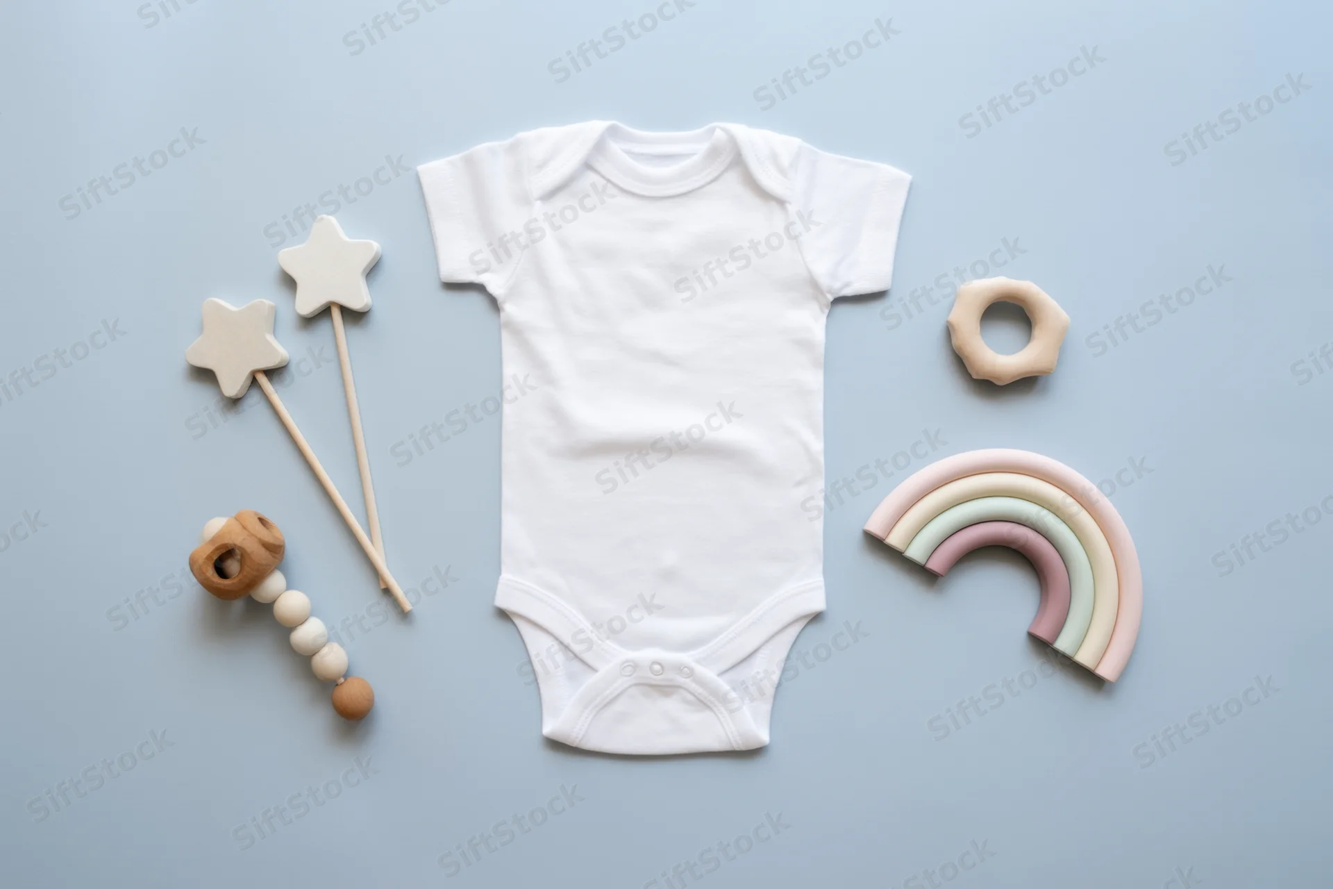 White baby onesie laid flat on blue background with wooden toys and rainbow teether arranged around it