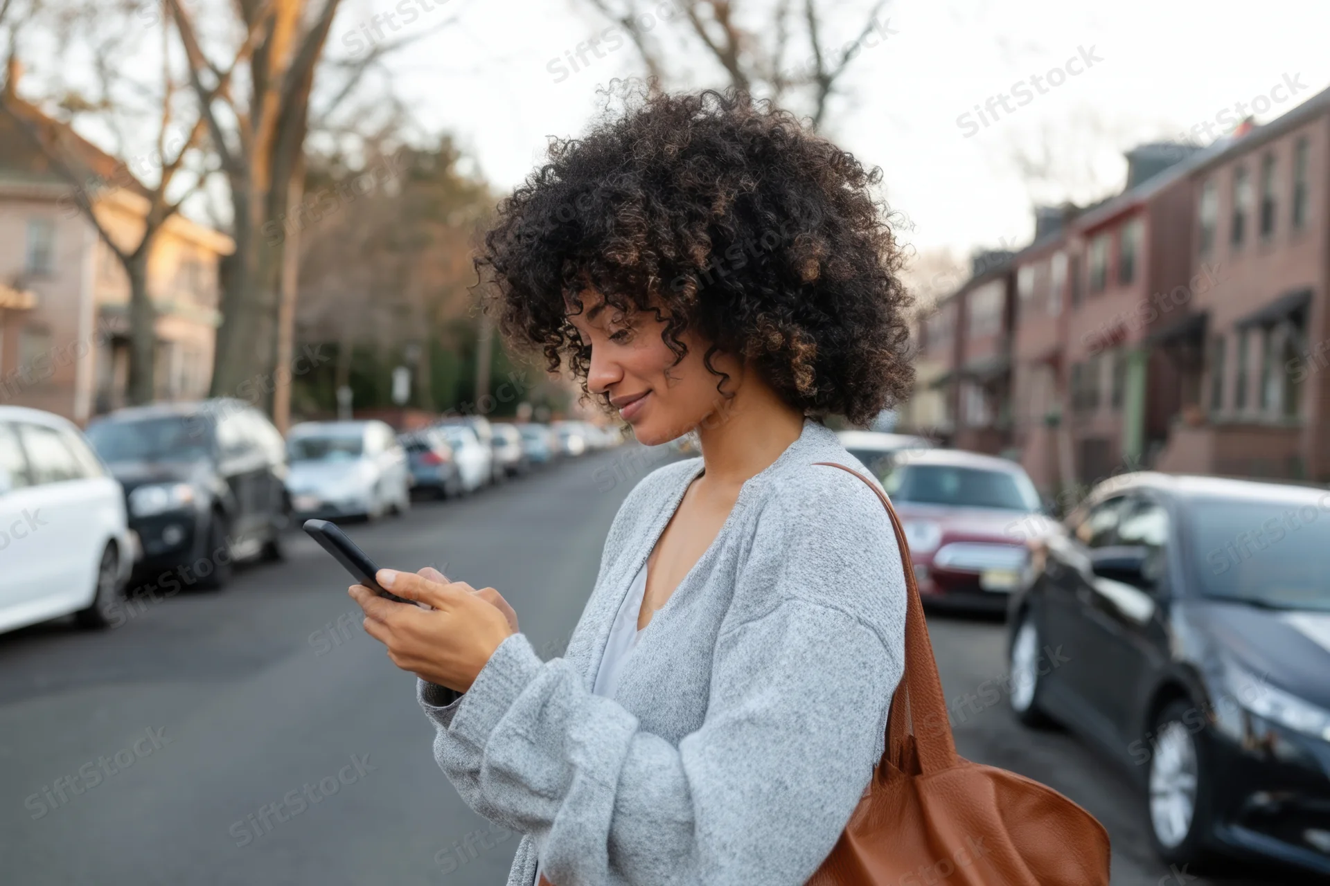 Woman smiling while using smartphone on residential street