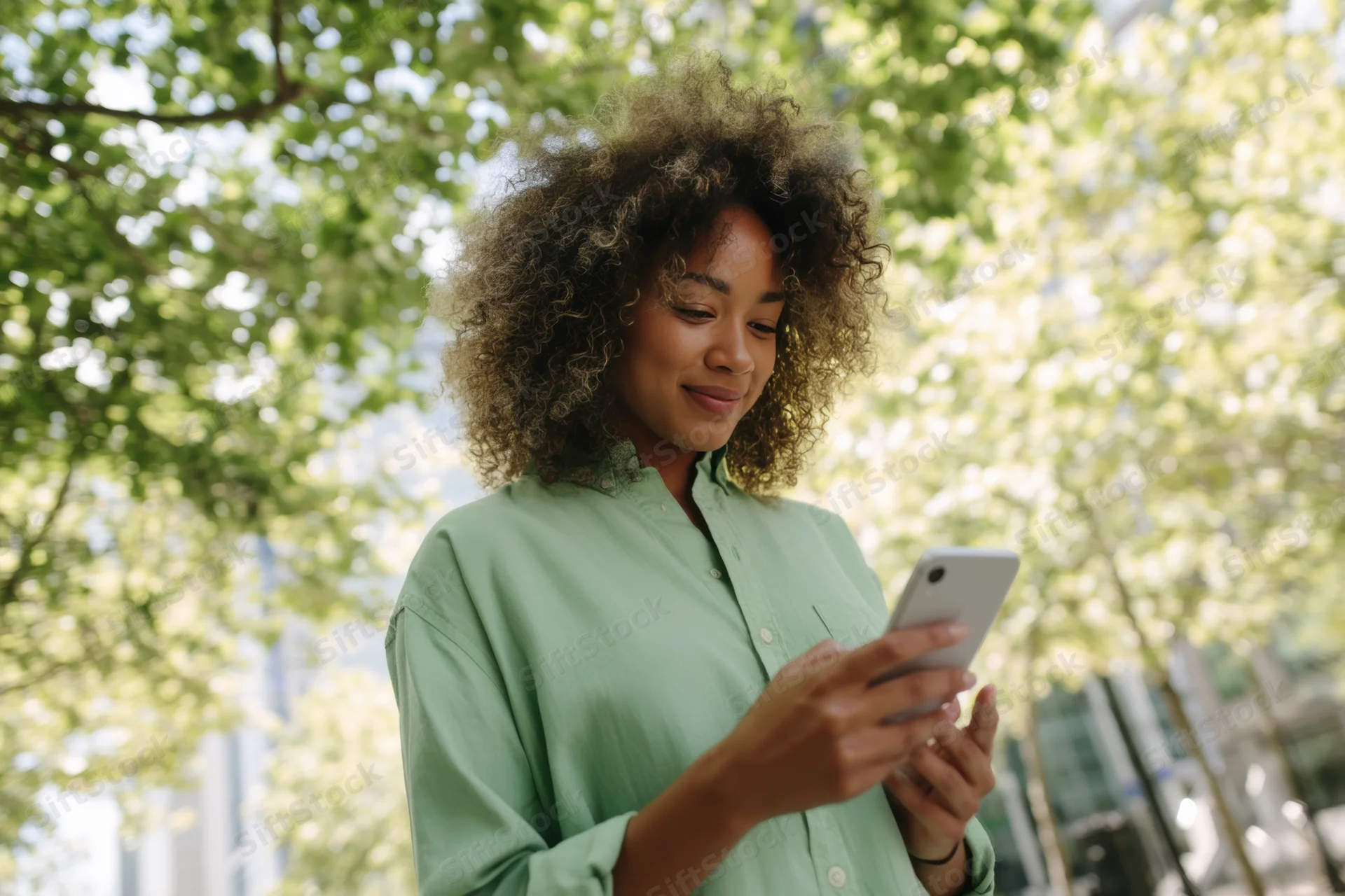 Woman smiling while using smartphone outdoors in a leafy urban park