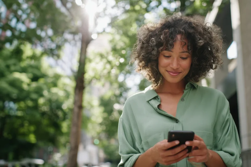 Woman smiling while using smartphone outdoors on city sidewalk